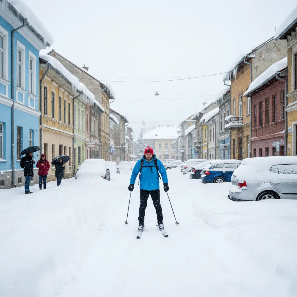 Bărbat din Cluj-Napoca, filmat schiind pe stradă după ninsorile abundente
