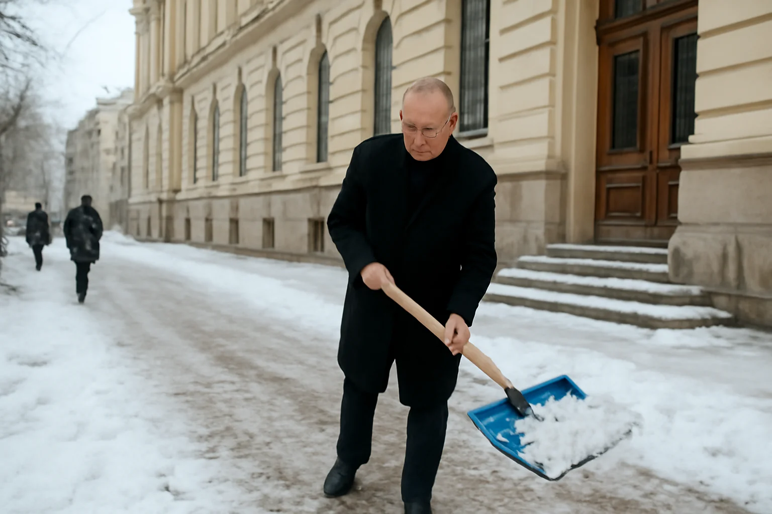 Primarul Emil Boc, surprins curățând zăpada în fața Primăriei Cluj-Napoca