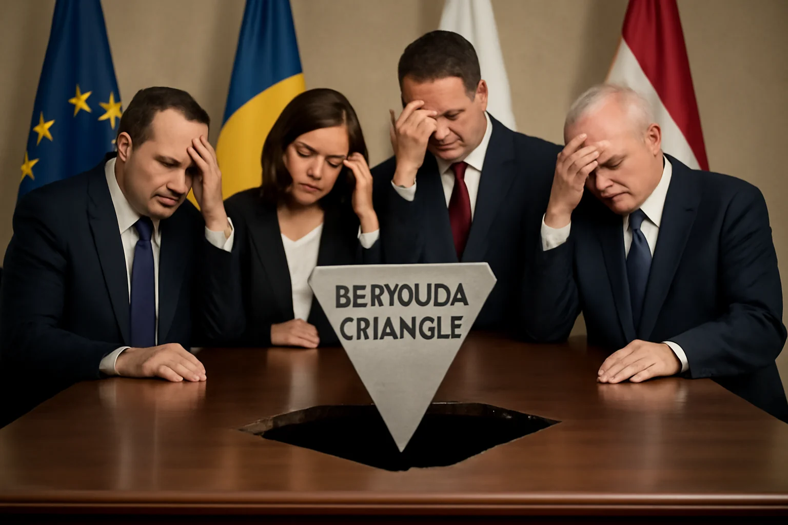 Coaliția pentagonală în colaps financiar, prăbușită sub Triunghiul Bermudelor bugetar.