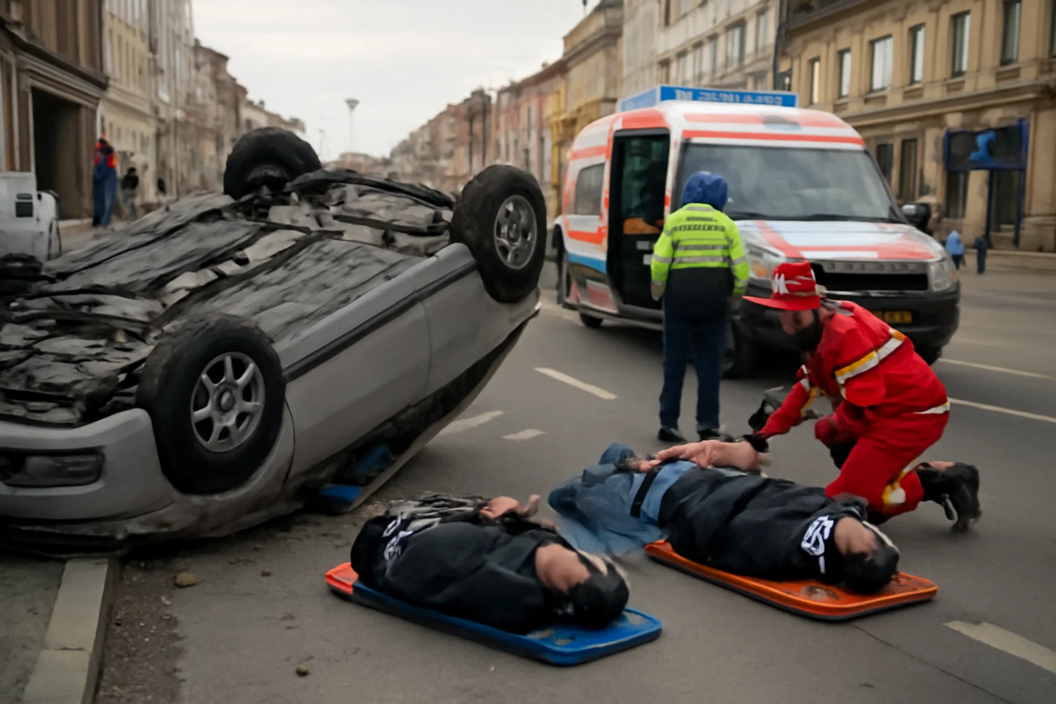Mașină răsturnată, doi bărbați răniți și transportați la spital în Cluj-Napoca, pe străzile Gheorghe Doja și Iosif Vulcan