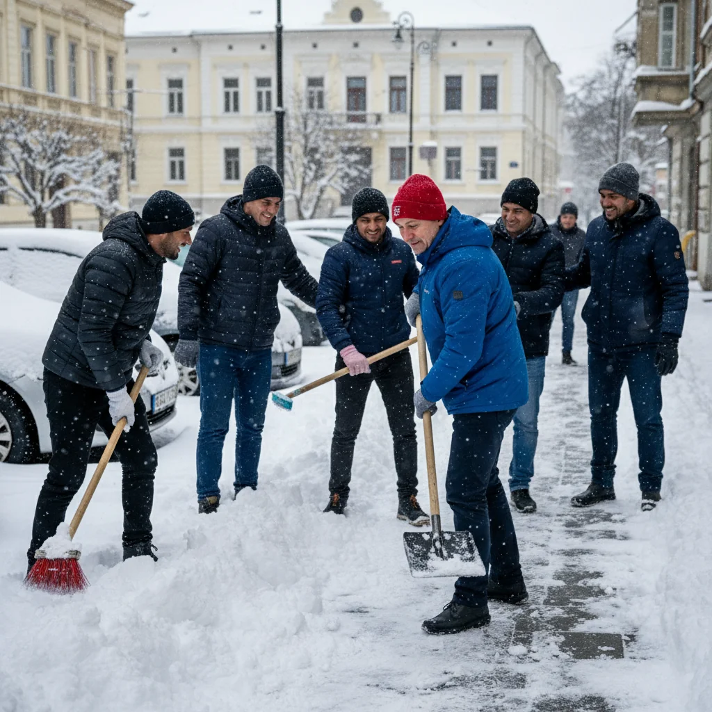 Muncitori nepalezi implicați în deszăpezire la Cluj-Napoca, în prezența primarului Emil Boc