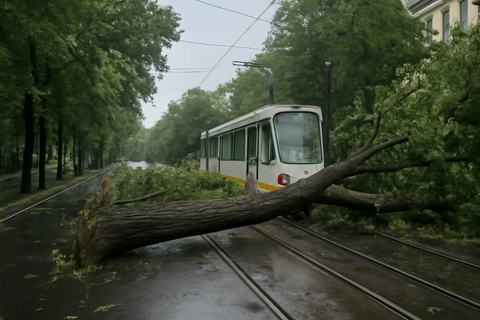 Un copac prăbușit blochează linia de tramvai pe Splaiul Independenței după o furtună scurtă și intensă.