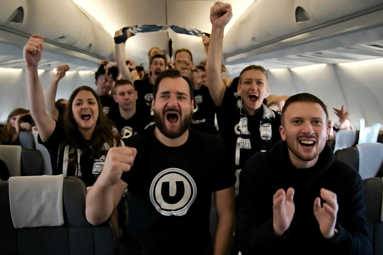 Atmosferă de galerie în avion: suporterii U-BT Cluj-Napoca își încurajează echipa înainte de meciul de EuroCup