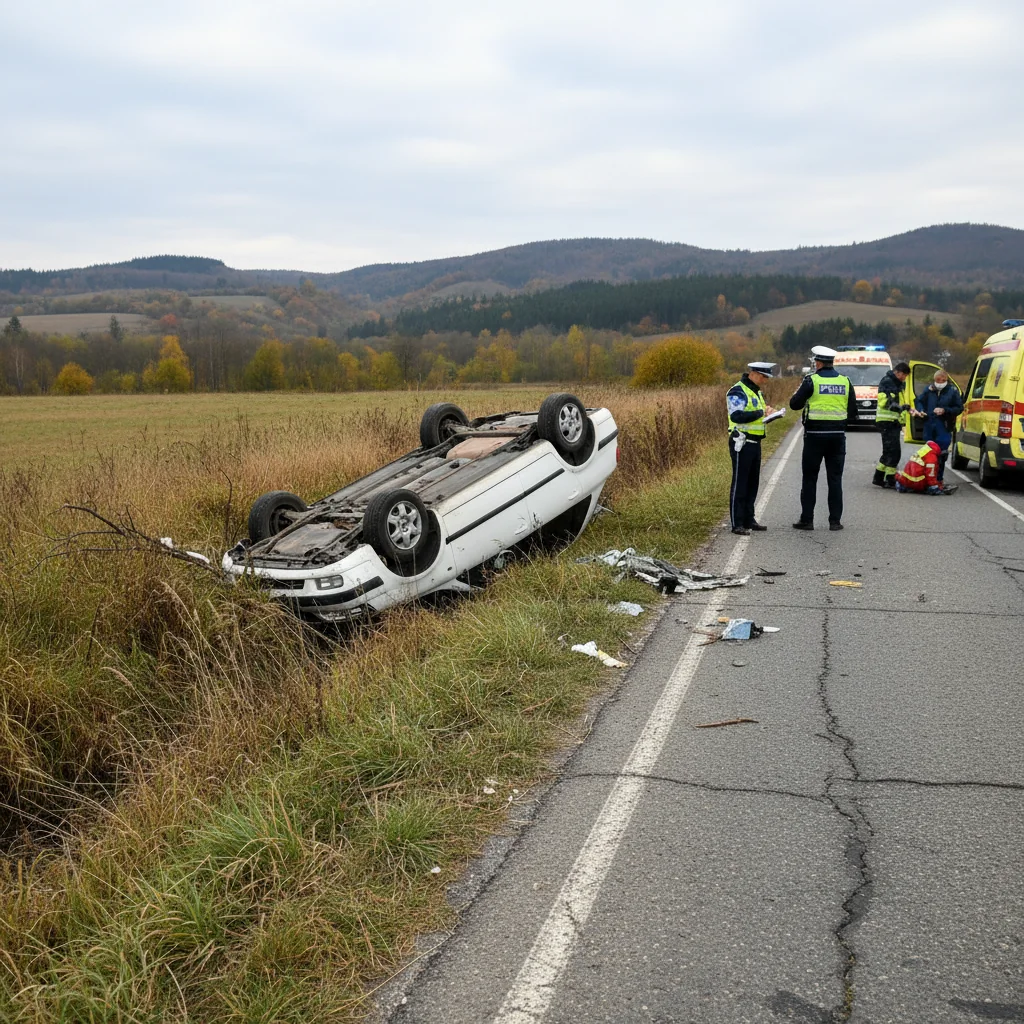 autoturism răsturnat în afara carosabilului pe un drum județean