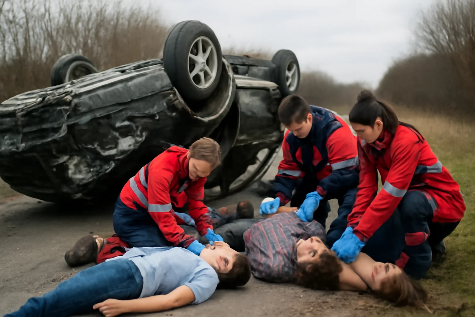 Autoturism răsturnat, patru persoane primesc îngrijiri medicale în urma incidentului.
