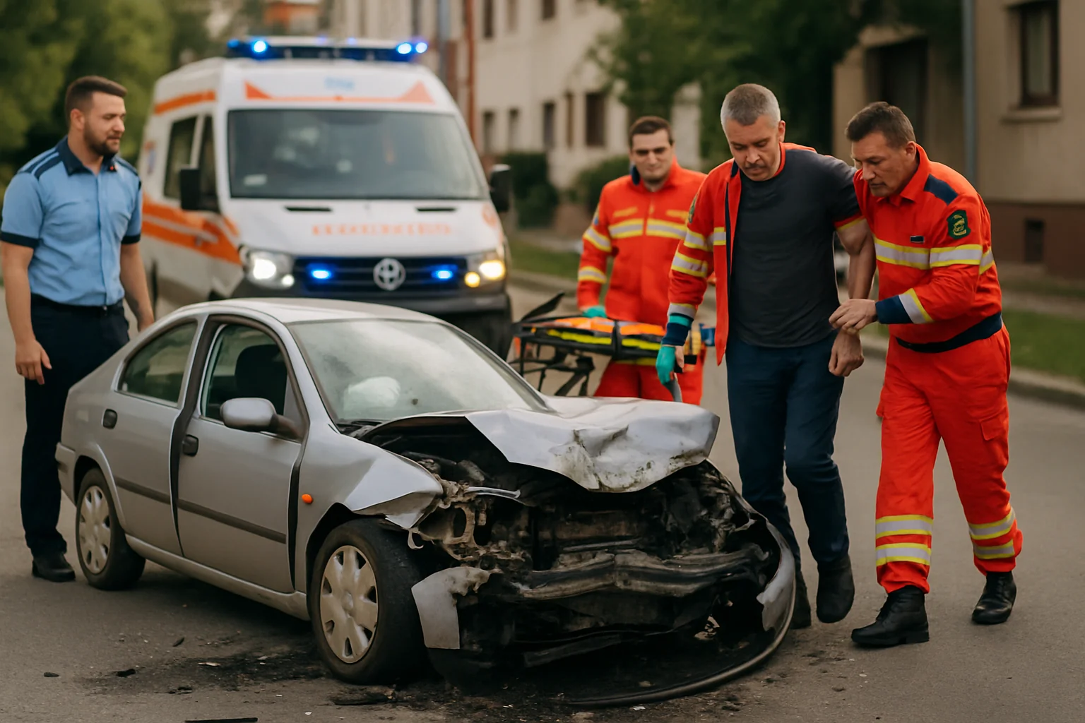 Bărbat Rănit și Mașină Distrusă