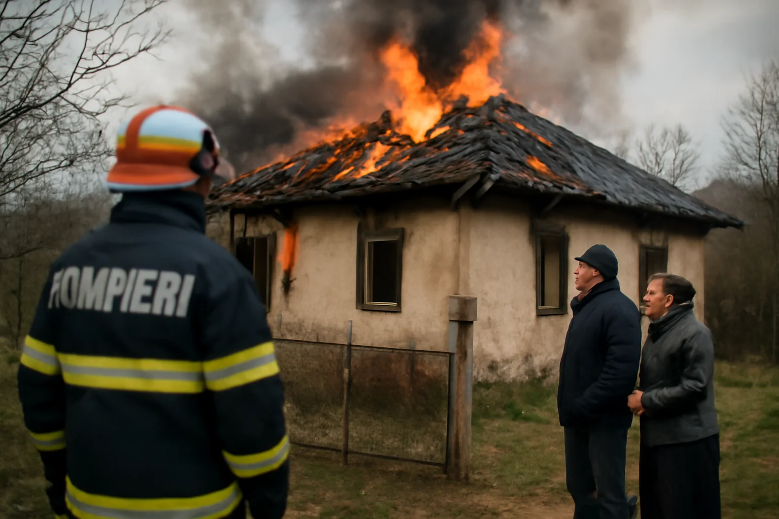 Casă cuprinsă de flăcări în comuna Aghireșu, intervenție a pompierilor ISU Cluj-Napoca