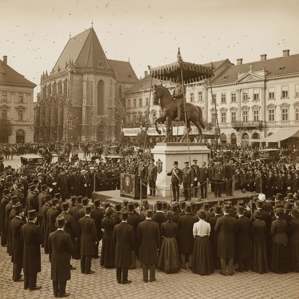 Inaugurarea sculpturii Matei Corvin din Cluj-Napoca, surprinsă într-o fotografie istorică unică
