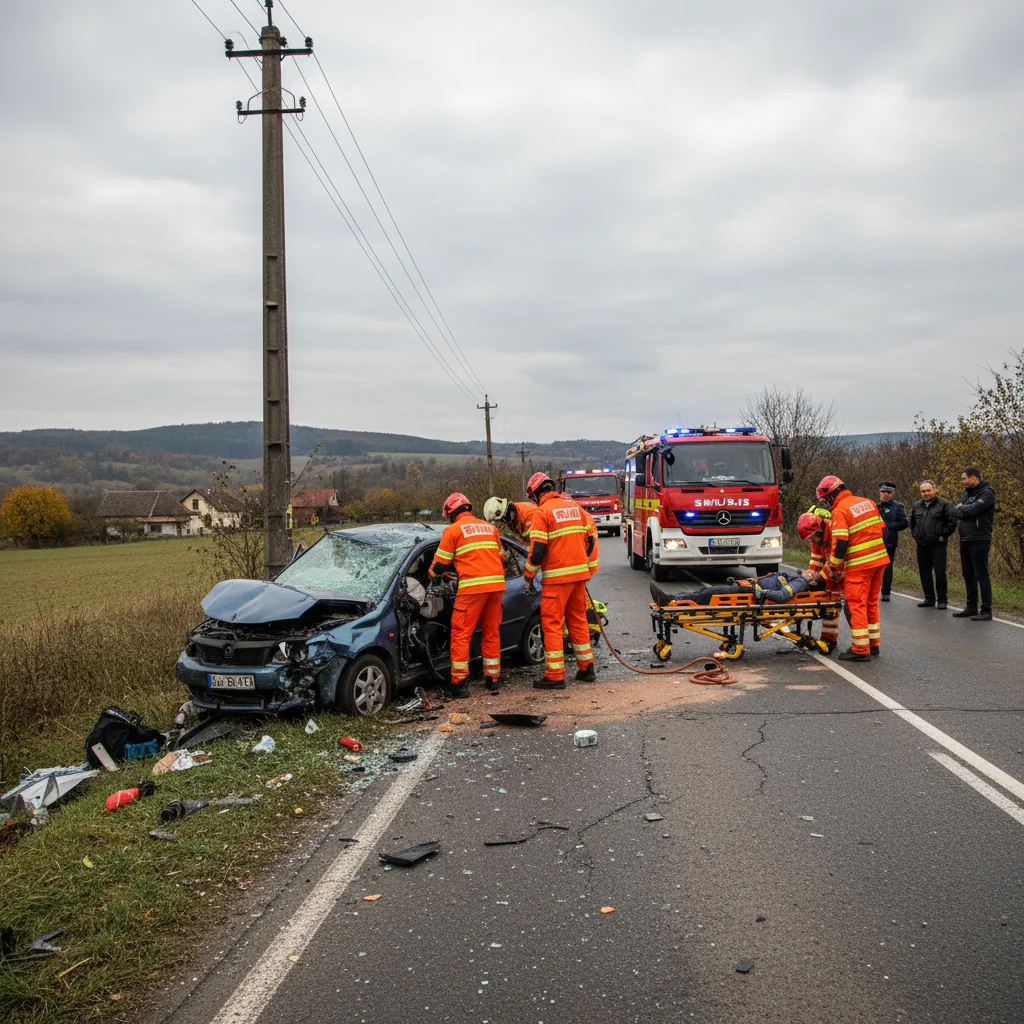 Mașină distrusă, intervenție SMURD și descarcerare la fața locului