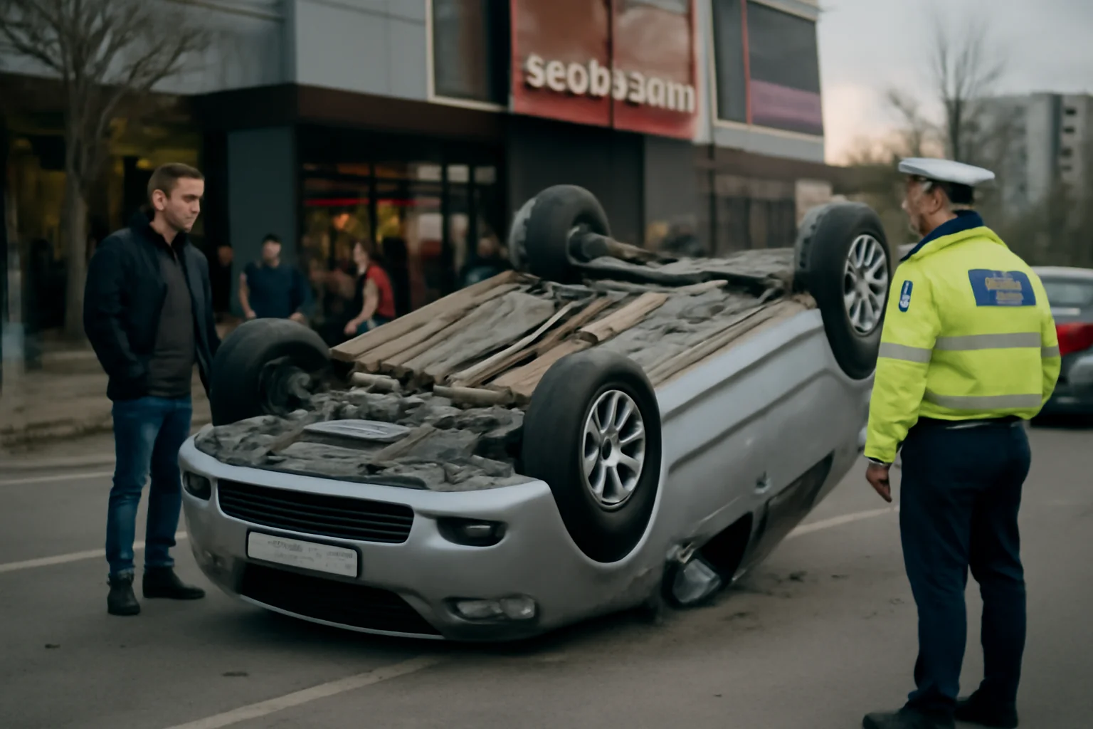 Mașină răsturnată în parcarea VIVO Cluj-Napoca; șofer fără permis, pasager rănit