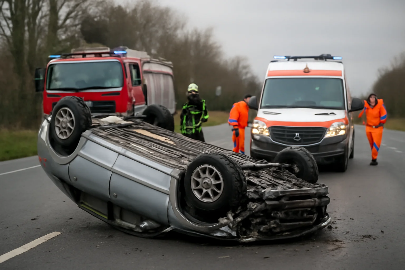 Mașină răsturnată, intervenție descarcerare și ambulanțe sosite de urgență la fața locului.