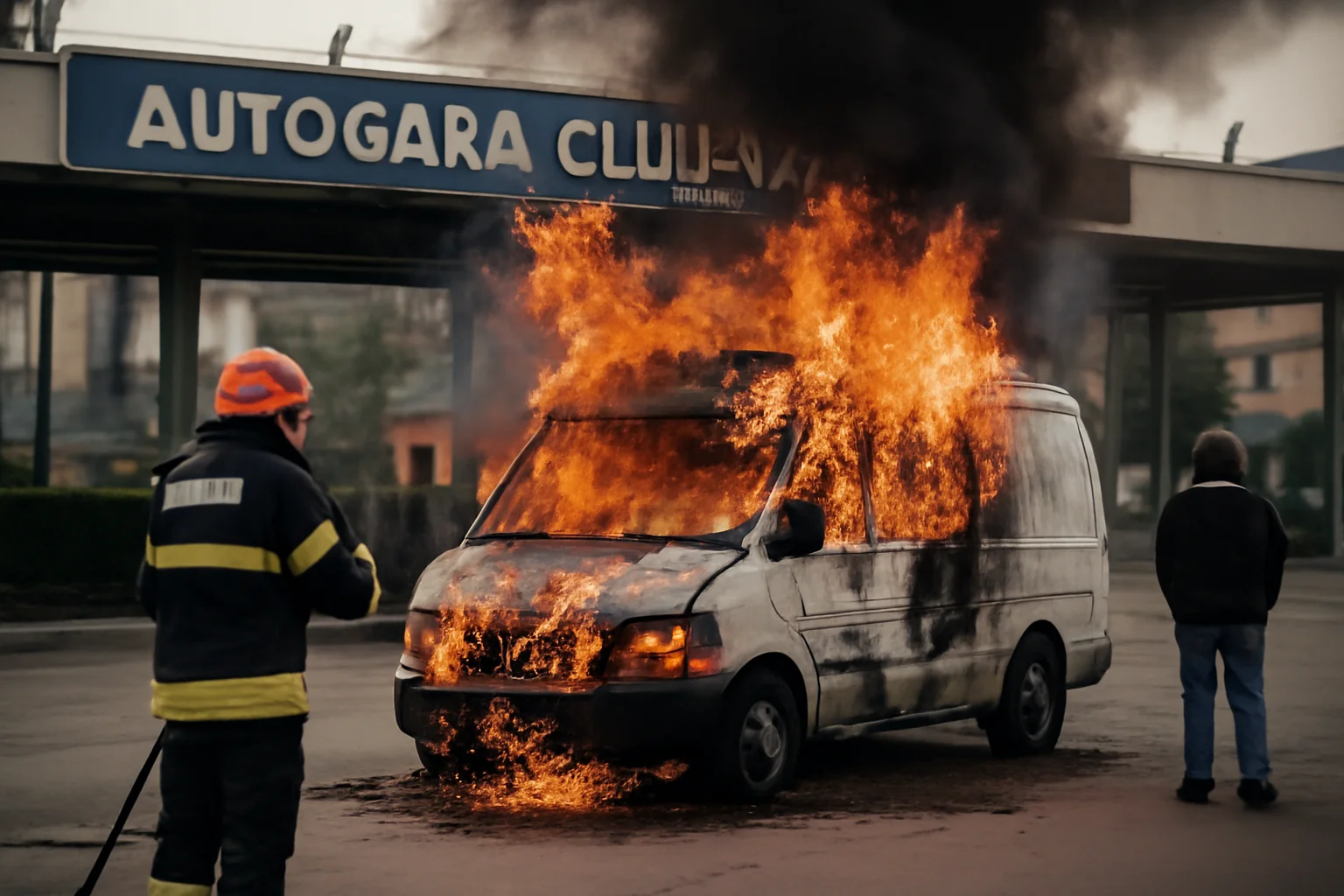Microbuz cuprins de flăcări la autogara din Cluj-Napoca, incendiu lichidat rapid