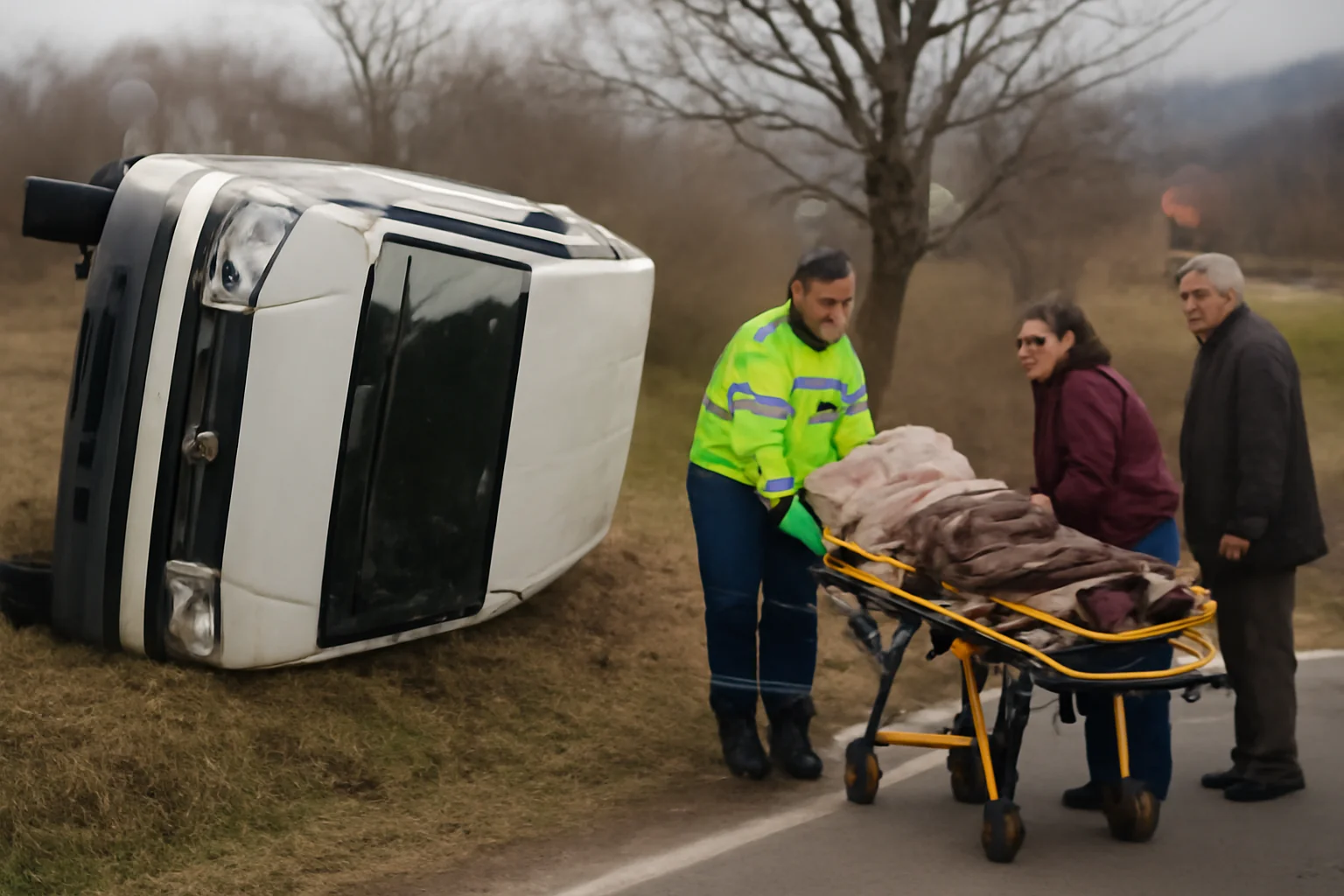 microbuz s-a răsturnat în șanț, bătrână de 80 de ani ajunsă la spital după accident (FOTO)