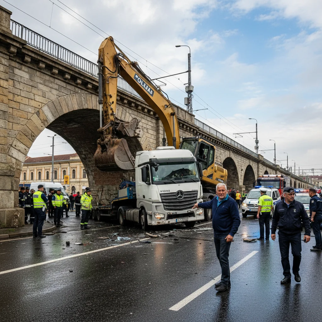 șofer neatent a lovit Podul Gării cu transportul prea înalt