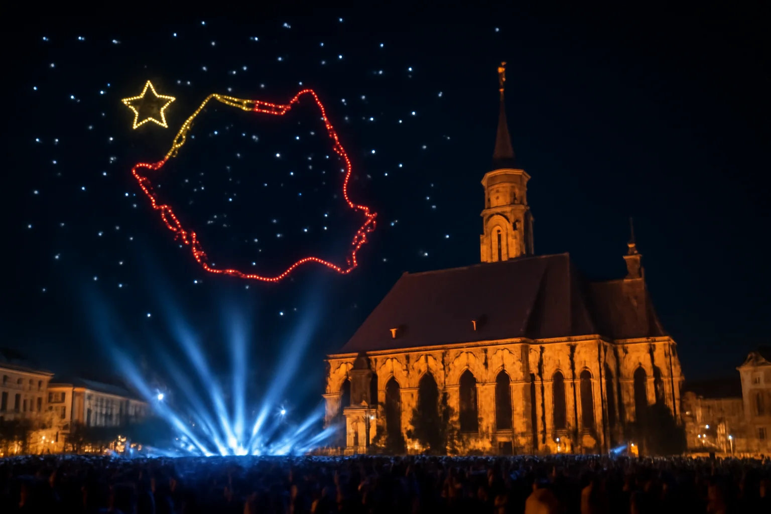 Spectacol record de drone și lumini în Piața Unirii din Cluj-Napoca, sâmbătă seară