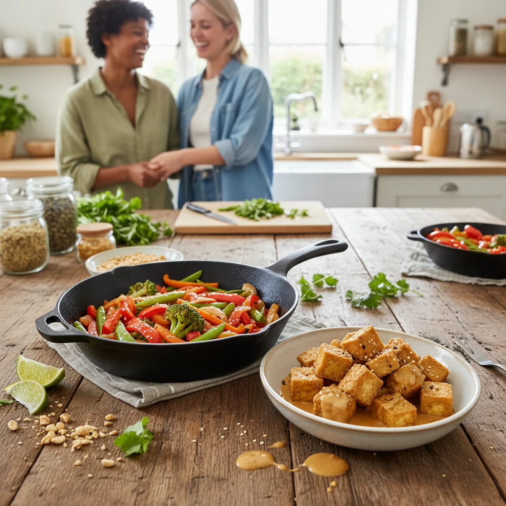 Tofu crocant cu sos de arahide și legume sote la wok