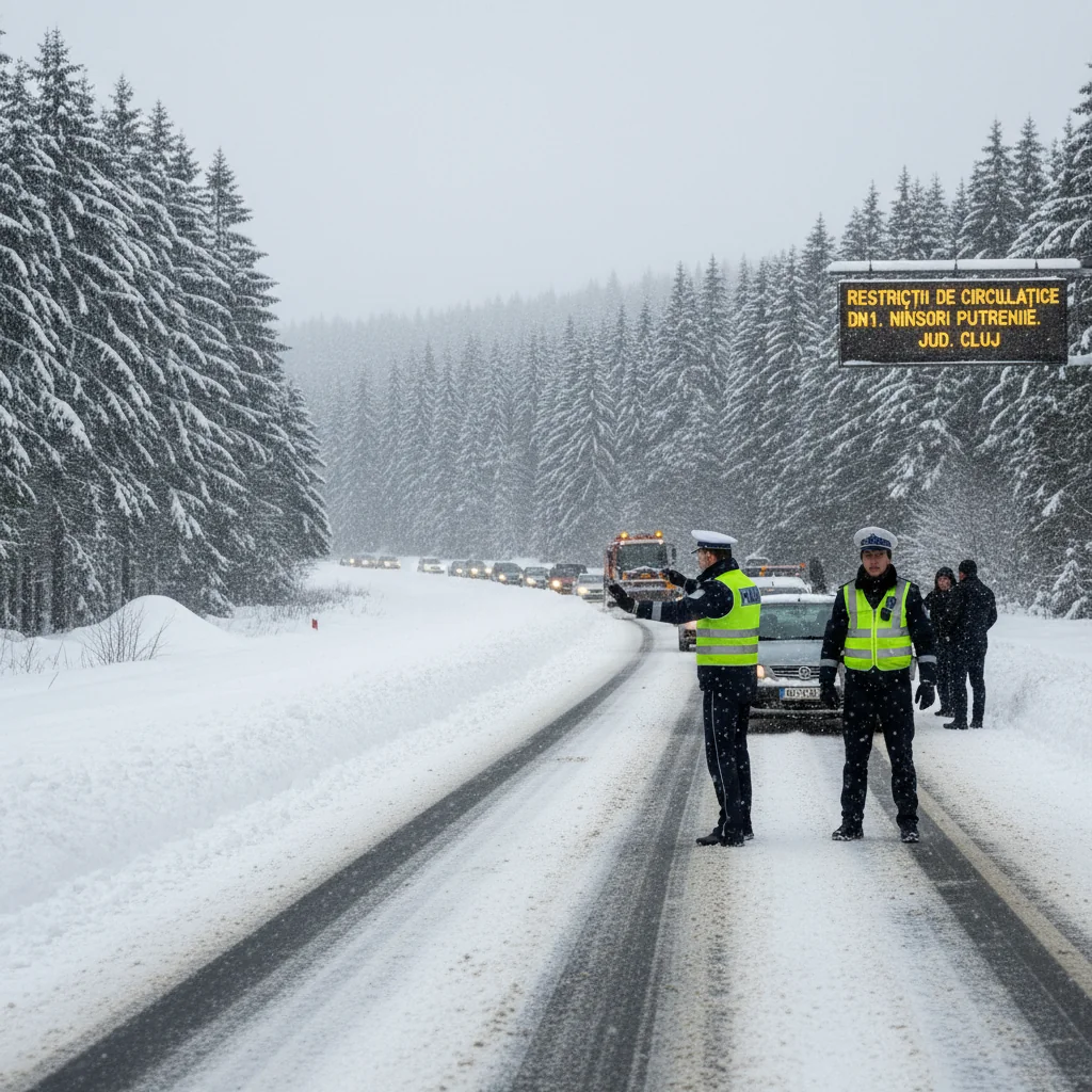Trafic îngreunat pe DN1 la Cluj-Napoca din cauza ninsorilor abundente