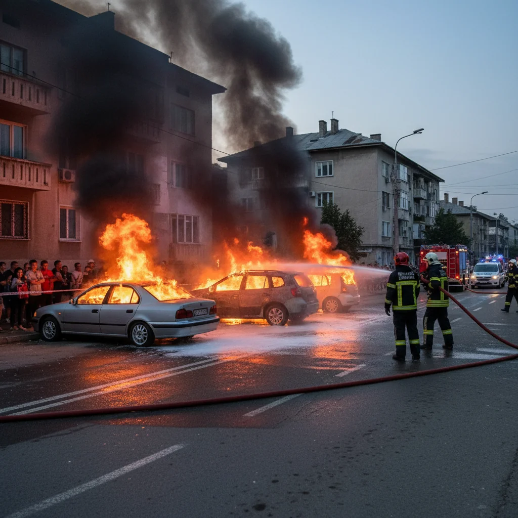trei autoturisme au ars, iar intervenția pompierilor a împiedicat extinderea focului
