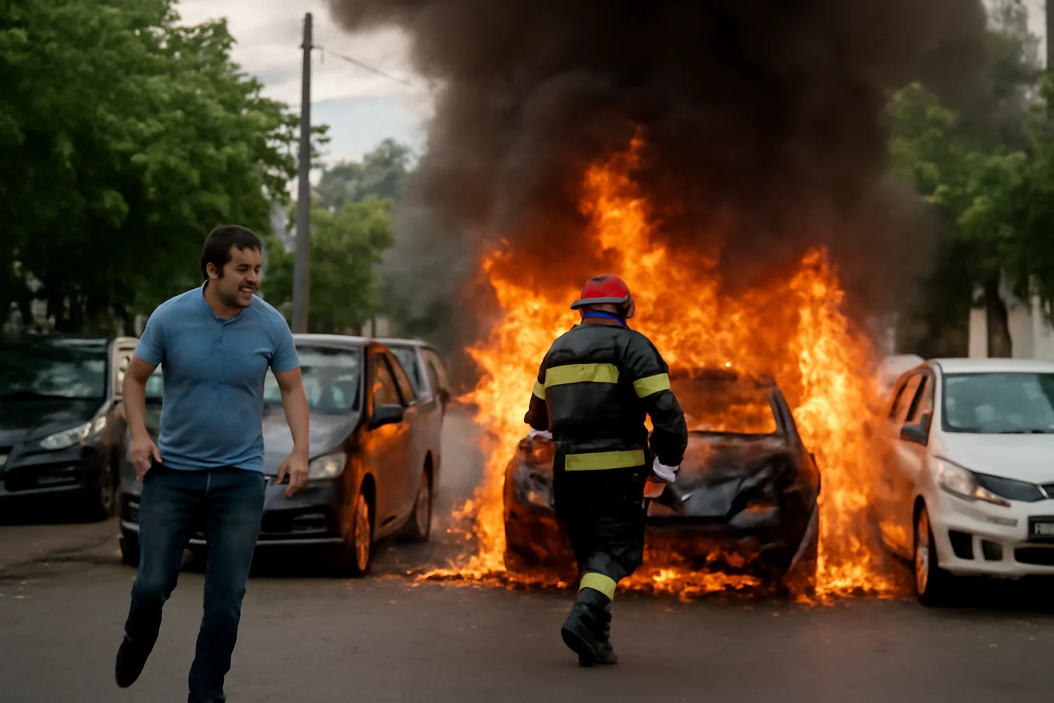 trei autoturisme distruse, iar un bărbat cu arsuri grave a fost transportat de urgență la spital