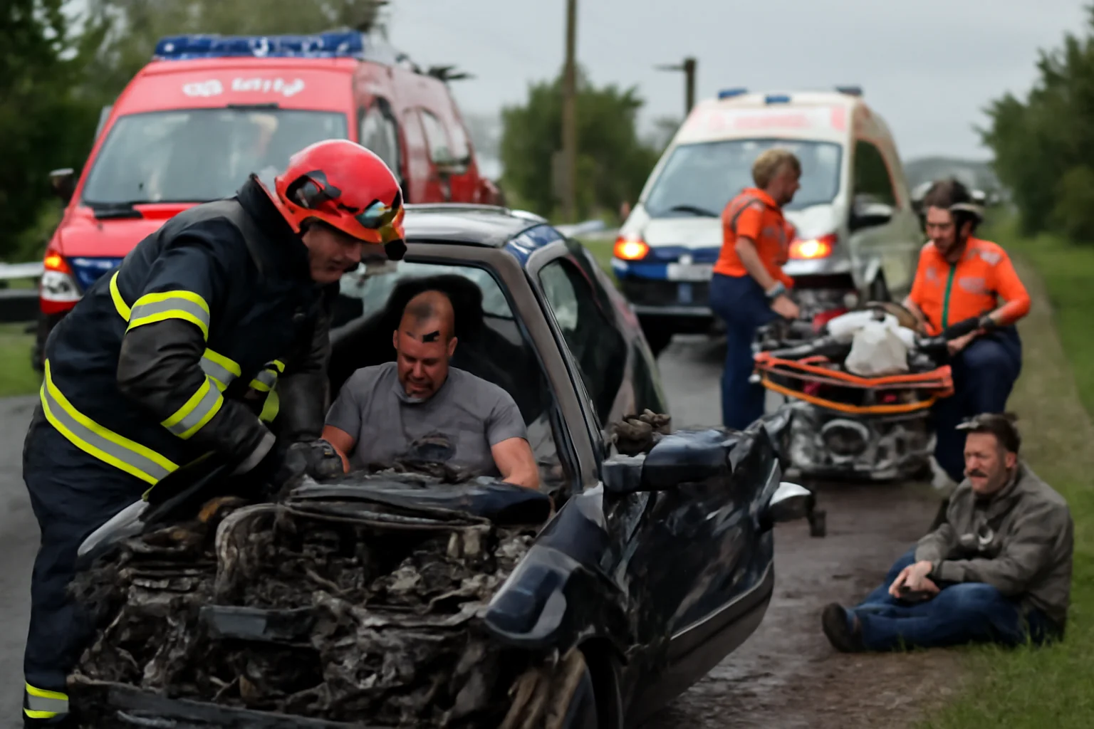un bărbat scos dintre fiarele mașinii de pompieri, încă două persoane ajunse la spital
