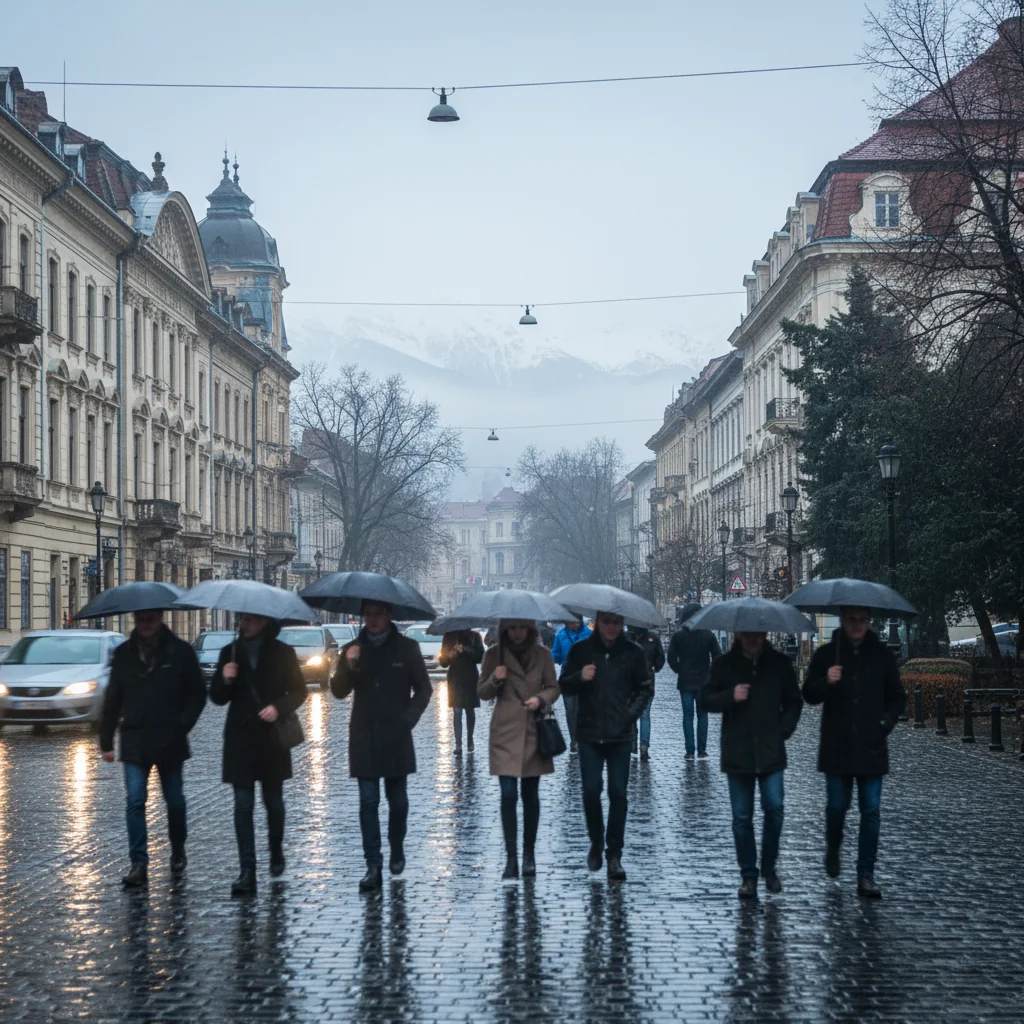 vreme rece cu nori și ploi slabe pe tot parcursul zilei